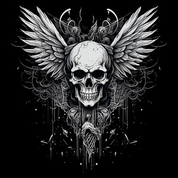 Gothic skull with wings and floral ornament on black background. selective focus. 