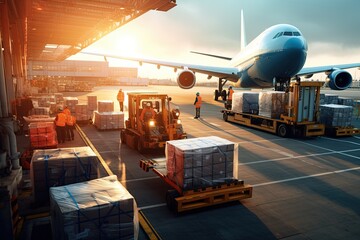 world of air cargo transportation. Depict a bustling airport tarmac with cargo planes of various sizes being loaded and unloaded.Generated with AI - 639526337