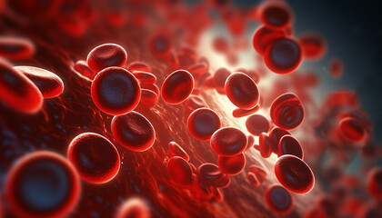 Red blood cells background with floating pathogen respiratory influenza virus cell. 3D medical illustration - obrazy, fototapety, plakaty