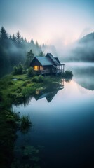 Fototapeta premium A cabin sits on a small island in the middle of a lake