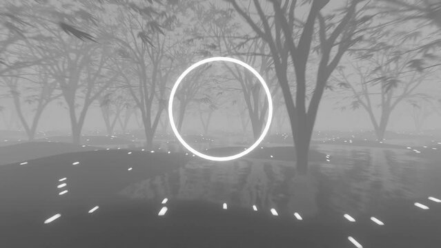 Halloween VJ Loop tunnel through a gloomy foggy forest. Circle in the middle with a place for text. Seamless loop video perfect for VJ thematic sets and gothic festivals, Halloween rave parties