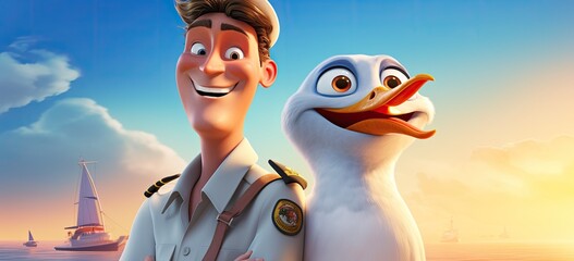 Vibrant cartoon sailor with mischievous smile, accompanied by friendly seagull, against sunny seaside backdrop. Concept of adventure and marine travel.