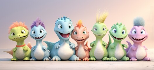 Fototapeta premium Set of lovely cartoon dinosaurs, perfect for kids designs. Explore the world of these fantasy creatures together. Concept of imaginative play.