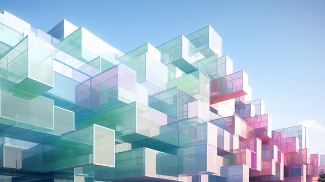Colorful cubes in a geometric pattern. Abstract architectural composition, against the background of the blue sky. AI Generated