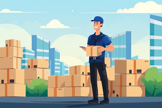 depicts a diligent parcel delivery worker. Show them with a uniform, carrying a stack of packages, Generated with AI