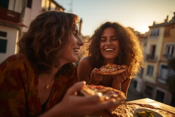 Poster Young female friends eating pizza and smiling, sitting outside. Happy women enjoying street food in the city - Italian food culture Concept © Uros