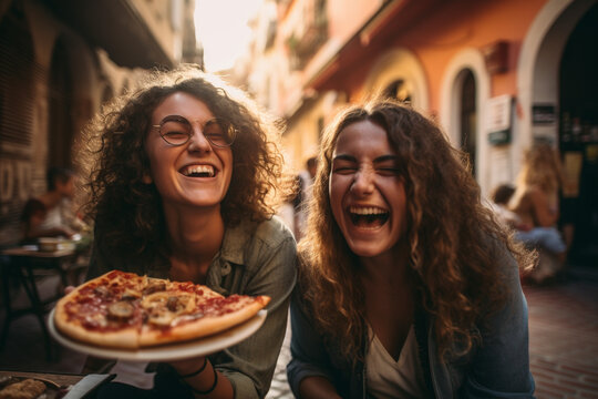 Fototapeta Young female friends eating pizza and smiling, sitting outside. Happy women enjoying street food in the city - Italian food culture Concept