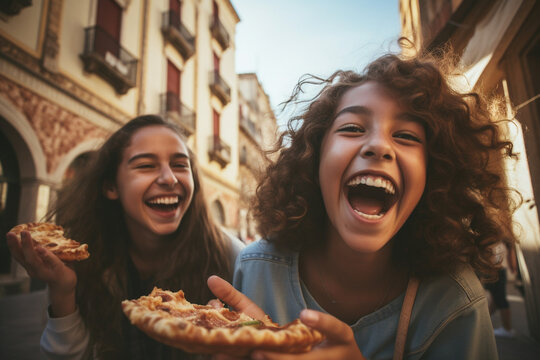 Fototapeta Young female friends eating pizza and smiling, sitting outside. Happy women enjoying street food in the city - Italian food culture Concept