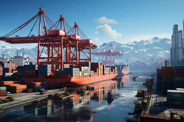 Naklejka premium world of shipping transports. Depict a bustling port with cargo ships of various sizes and types, loading and unloading goods by cranes.Generated with AI