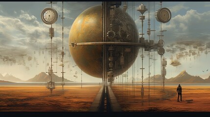 Conceptual 3D rendering of a man standing in front of a big planet with clocks