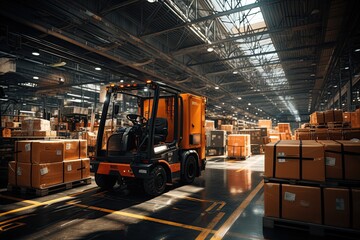 Dynamic logistics hub: Trucks loading, goods moving through warehouses, workers orchestrating, Generated with AI