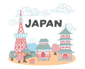 Vector of Adorable Japan Travel concept postcard