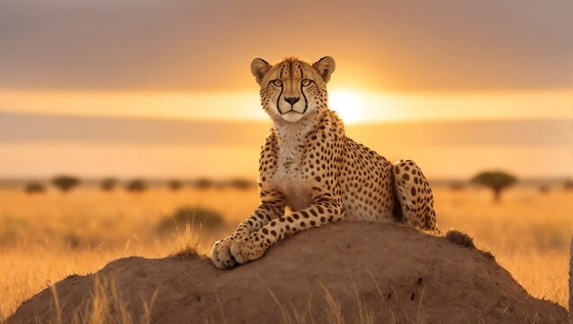 cheetah in the savannah sitting on rock with sunset behind