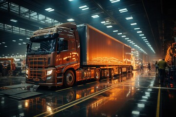 Dynamic logistics hub: Trucks loading, goods moving through warehouses, workers orchestrating, Generated with AI