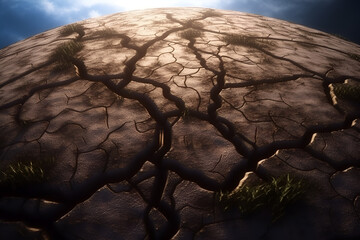 The top surface of the dried up earth with wavy cracks in it. Global warming concept. Generated AI, horizontal format. High quality photo