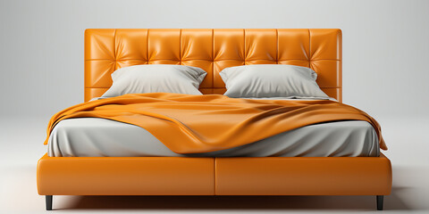 Modernes Bett im Retro 70er orangenen Leder Design geknöpft, ai generativ
