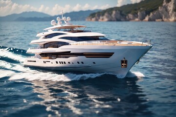 Aerial view of luxury yacht goes to open sea with beautiful blue colour of water