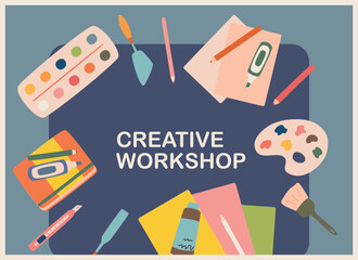 poster of creative workshop with drawing accessories
