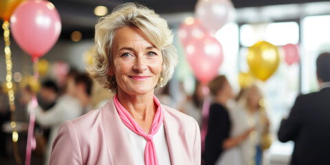 Portrait of smiling senior woman with balloons in background at retirement party
