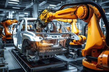 robot arms in the modern automotive industry. Generated with AI