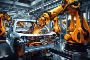 robot arms in the modern automotive industry. Generated with AI