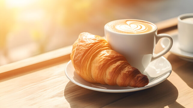 Cup of latte art coffee and delicious croissants on wooden floor table with soft sun light morning