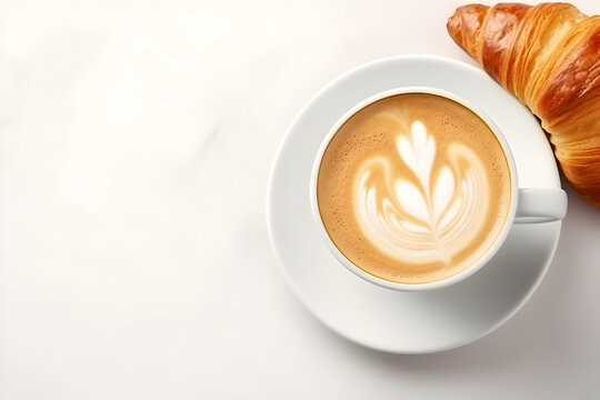 Top view cup of latte art coffee and delicious croissants on white floor table with space, AI generative