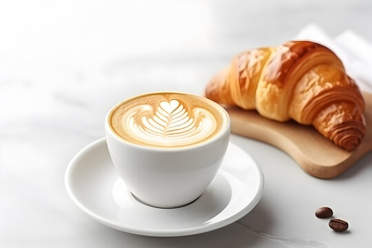 Cup of latte art coffee and delicious croissants on white floor table with space, AI generative