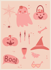 Fototapeta na wymiar cute pinky set of halloween attributes