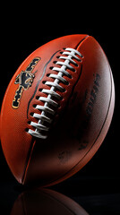 American-Football-Ball aus Leder mit dunklen Hintergrund Nahaufnahme, ai generativ