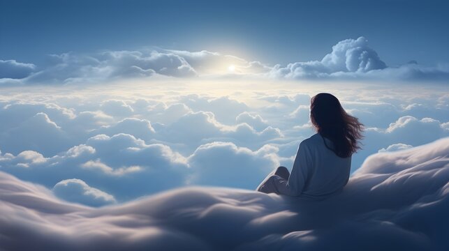 A young woman sitting on a cloud surrounded by fluffy cottony clouds in the sky watching sunset on a dreamy scene. Tranquility, relaxation and dreaming concept