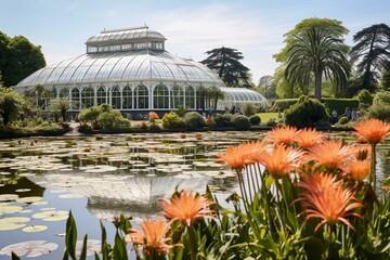 View of Kew Garden's Palm House Orangery on a sunny day in England. Generative AI - obrazy, fototapety, plakaty