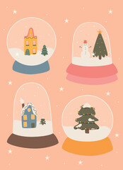 snow globe set with a christmas house, trees and snowman inside