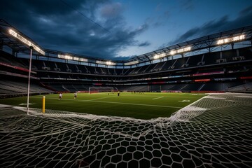 Nets set up in a stadium for playing lacrosse. Generative AI