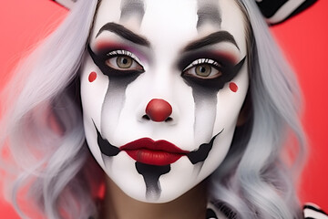 Woman's face with black and white Halloween Pierrot costume makeup