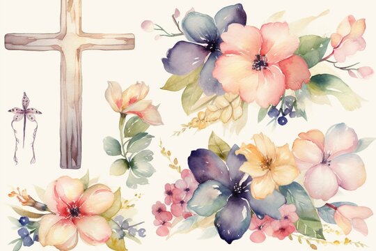 Watercolor Flower Cross On Wooden Backdrop For Baptism, Holy Communion, And Easter With Floral Arrangements And Holy Spirit Clipart. Generative AI