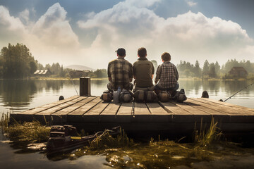 Happy family on a pontoon boat, fishing together on a tranquil lake. Ai generated