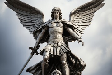 Fototapeta premium Statue of Archangel Michael with a sword on a sky background