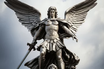 Deurstickers Statue of Archangel Michael with a sword on a sky background © Faith Stock