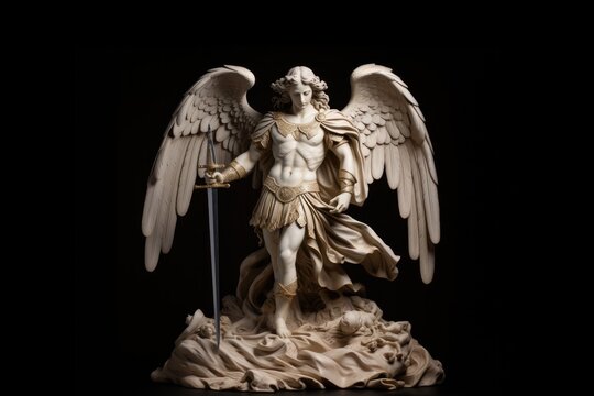 Statue of Archangel Michael with a sword on a black background