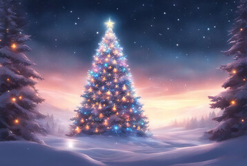 Christmas tree with beautiful lights among trees covered with snow, Christmas winter magic background.