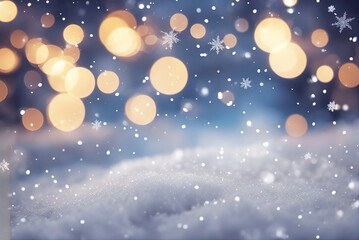 Christmas blurry  background with snowflakes, lights and bokeh, magic Christmas wallpaper.