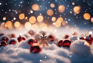 Fototapeta na wymiar Christmas blurry background with snowflakes, lights and bokeh, magic Christmas wallpaper.