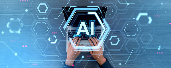 Businessman fingers texting in laptop, AI hologram and machine learning