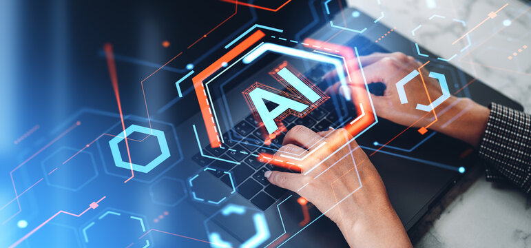 Businesswoman hands typing in laptop, AI hologram and machine learning