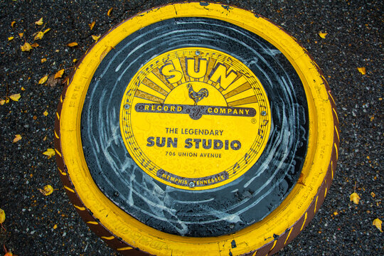Memphis, USA &ndash; November 28, 2022 -  Sun Studio recording studio logo on an old truck tire at Union Avenue in Memphis, Tennessee