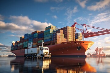 Naklejka premium world of shipping transports. Depict a bustling port with cargo ships of various sizes and types, loading and unloading goods by cranes.Generated with AI