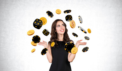 Happy woman with open hand palms, money coins and dice falling