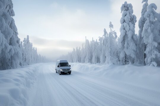 Scenic winter journey in Finland's snowy Lapland, driving a mini van on the highway. Generative AI