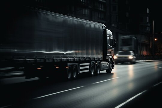 Rapid European lorry zooming on dark street (back view). Generative AI